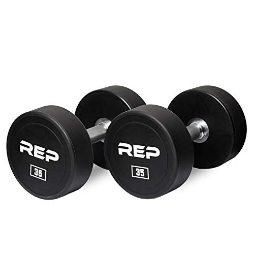 REP Fitness Urethane Coated Round Dumbbells, 5 to 100 lbs, Singles or Pairs, With or Without Rack, Steel Core, Rubber Encased, Chrome Handles, Professional Weights for Home Gym Strength Training - style: 35 lb Pair