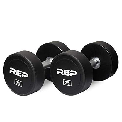 REP Fitness Urethane Coated Round Dumbbells, 5 to 100 lbs, Singles or Pairs, With or Without Rack, Steel Core, Rubber Encased, Chrome Handles, Professional Weights for Home Gym Strength Training - style: 35 lb Pair