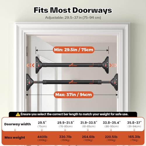 Sportneer Pull Up Bar Doorway Chin Up Bar No Screws Door Frame Chin Up Push Up Sit Up Bar Adjustable 75-94cm (29.5''-37'') Up to 200kg Capacity Workout Bar