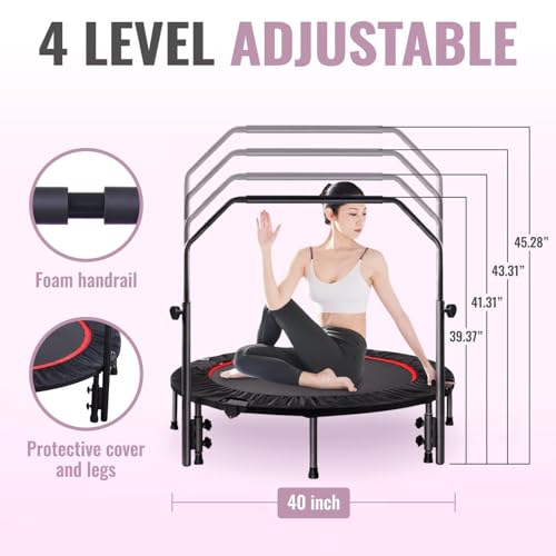40 Inch Foldable Mini Tranpoline with Handle Bar, Indoor Exercise Rebounder Tranpoline for Adults Fitness, 4 Level Height Adjustable, Compact Storage Design, Max Load 300LBS