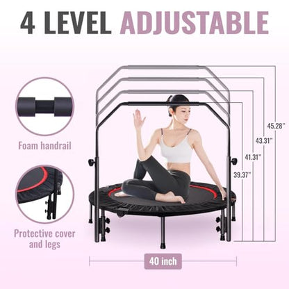 40 Inch Foldable Mini Tranpoline with Handle Bar, Indoor Exercise Rebounder Tranpoline for Adults Fitness, 4 Level Height Adjustable, Compact Storage Design, Max Load 300LBS