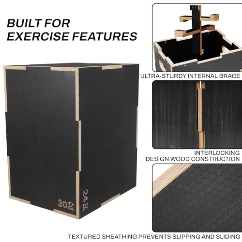 Signature Fitness 16" x 14" x 12" Non-Slip Wooden Plyo Box Jump Exercise Platform, Plyometric Workout Equipment for Home Gym, Training Step Box, Gray - size: 20x24x30"
