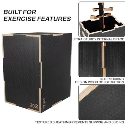 Signature Fitness 16" x 14" x 12" Non-Slip Wooden Plyo Box Jump Exercise Platform, Plyometric Workout Equipment for Home Gym, Training Step Box, Gray - size: 20x24x30"