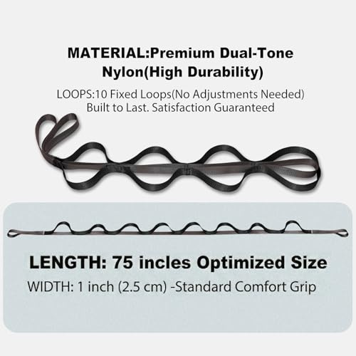 Stretching Strap with Loops,Non-Elastic Yoga Strap for Physical Therapy,Knee Replacement Recovery & Plantar Fasciitis,Leg Stretcher Band for Flexibility & Hamstring Rehab - color: Black