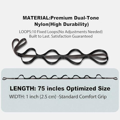 Stretching Strap with Loops,Non-Elastic Yoga Strap for Physical Therapy,Knee Replacement Recovery & Plantar Fasciitis,Leg Stretcher Band for Flexibility & Hamstring Rehab