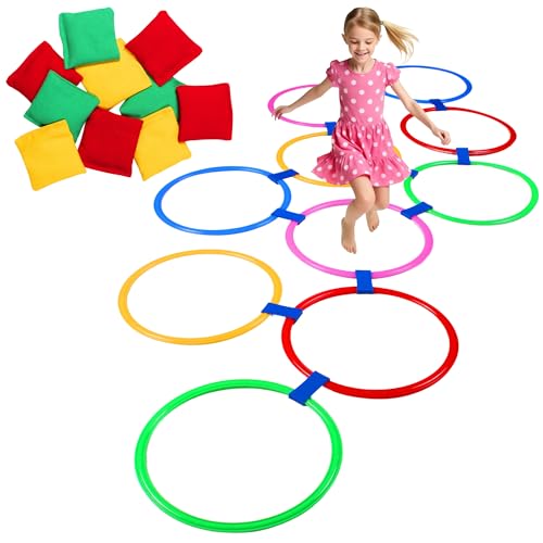 Multi-Game Hopscotch Set with Toss Bean Bags, Hopscotch Ring Game for Kids, Outdoor Physical Games Promoting Coordination, Durable Playground Toys for Boys and Girls