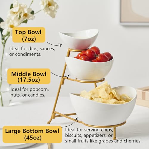 3 Tiered Oval Serving Bowl with Collapsible Metal Rack, Chip and Dip Serving Set, Dessert Appetizer Bowl Set (45oz / 17.5oz / 7oz), White Serving Bowls For Entertaining (Gold Stand)