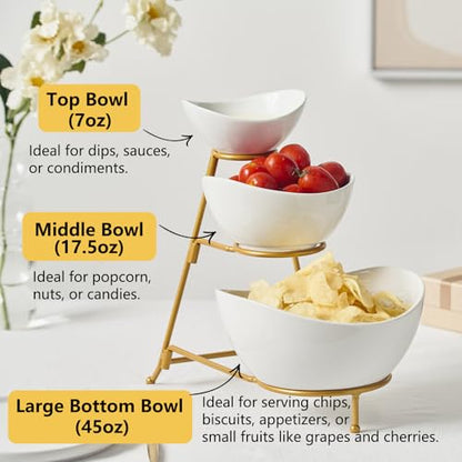 3 Tiered Oval Serving Bowl with Collapsible Metal Rack, Chip and Dip Serving Set, Dessert Appetizer Bowl Set (45oz / 17.5oz / 7oz), White Serving Bowls For Entertaining (Gold Stand)