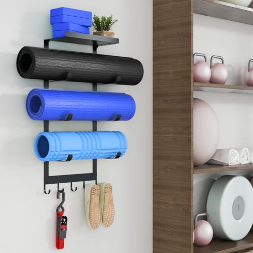 Yoga Mat Holder Wall Mount, Black Yoga Mats Storage Rack, Home Gym Storage with Metal Floating Shelf for Storing Fitness, Yoga Mat Rack with 5 Hooks for Hanging Foam Rollers and Resistance Bands