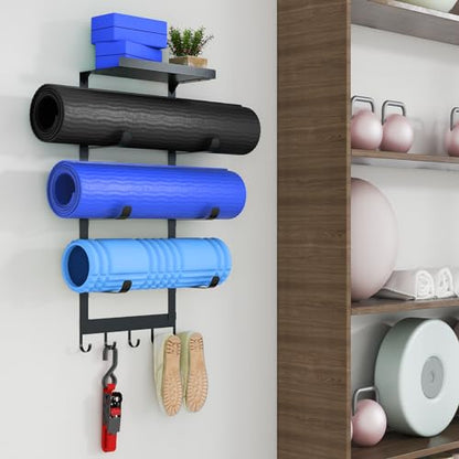 Yoga Mat Holder Wall Mount, Black Yoga Mats Storage Rack, Home Gym Storage with Metal Floating Shelf for Storing Fitness, Yoga Mat Rack with 5 Hooks for Hanging Foam Rollers and Resistance Bands