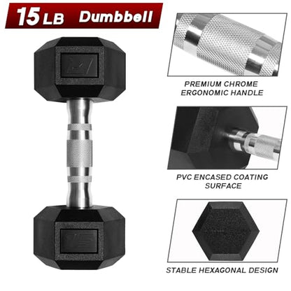 Ritfit 5-650 LBS PVC Encased Hex Dumbbell Sets with Optional Rack for Home Gym, Hand weight with Chrome Handle for Strength Training,Workouts - style: 2X15LBS