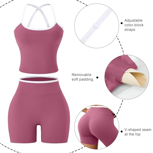 Womens Workout Set 2 Piece Gym Outfit High Waisted Tummy Control Shorts Halter Padded Sports Bra Tank Athletic Yoga Wear