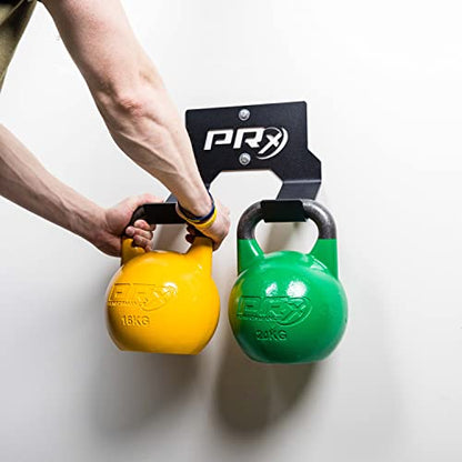 PRx Performance Double Kettlebell Storage Holder, USA Made Steel Wall Mounted 2 Kettle Bell Home Gym Space Saving Fitness Equipment Hanger Heavy Duty Hook Shelf