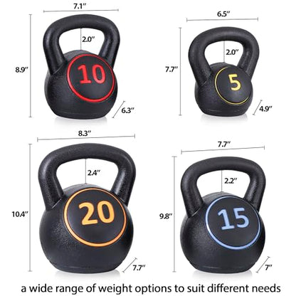 4-Piece Kettlebells Weights Set, Wide Grip Strength Training Soft Kettlebell, Exercise Fitness Concrete Weight, Full Body HIIT Workout, Weights for Women at Home 5 lbs 10 lbs 15 lbs and 20 lbs lb Dumbbells