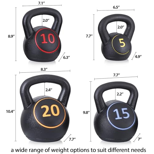 JupiterForce Wide Grip Kettlebell Sets 4 Piece Strength Training KettleBells Weights Set 5lb, 10lb, 15lb, 20lb HDPE Coated Concrete Kettle Bell for Women&Men for Full Body Workout, Exercise Fitness, Home Gym