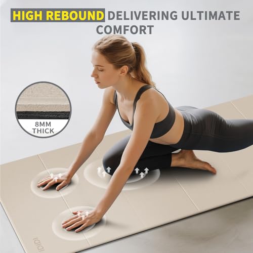 Foldable Extra Large Yoga Mat 74"×31.5", 8mm Double-Sided Non Slip Lightweight Fitness Mat for Man & Woman, Portable for Home Studio & Travel - color: Beige+Black