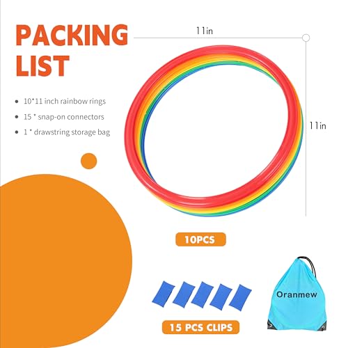 Hopscotch Rings, 1-Set – 10 Round Hoops (11-inch) + 15 Connectors, Agility Rings for Kids, Builds Gross Motor Skills, Preschool & Kindergarten PE, Indoor/Outdoor Playground Obstacle Course