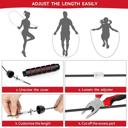 Jump Rope for Fitness, Adjustable Speed Jump Rope with Ball Bearings, Tangle-Free Skipping Rope for Women Men Kids, Durable Steel Cable with Soft Foam Handles for Cardio Workout, Weight Loss & Home Gym Exercise