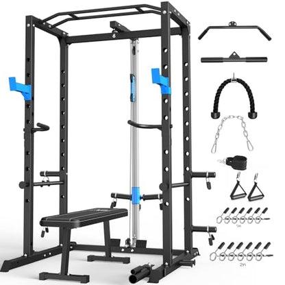 Power Cage, Multi-Functional Power Rack with J-Hooks, Dip Handles, Landmine Attachment and Optional Cable Pulley System for Home Gym