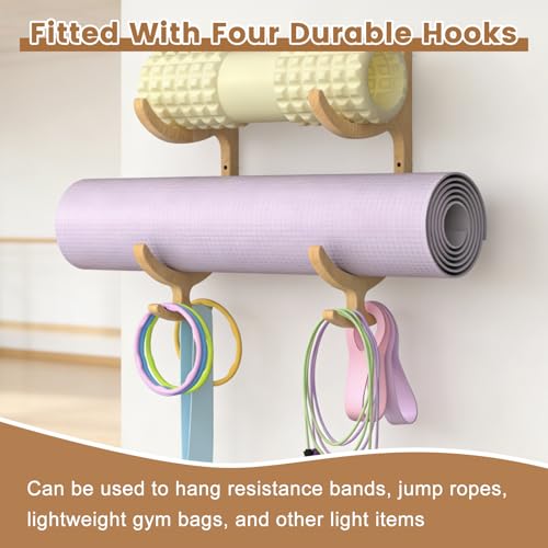 Wooden Yoga Mat Holder Wall Mount, Yoga Mat Storage Rack, Home Gym Equipment Organizer, Wall Mount Workout Storage Holder for Hanging Foam Rollers and Resistance Bands