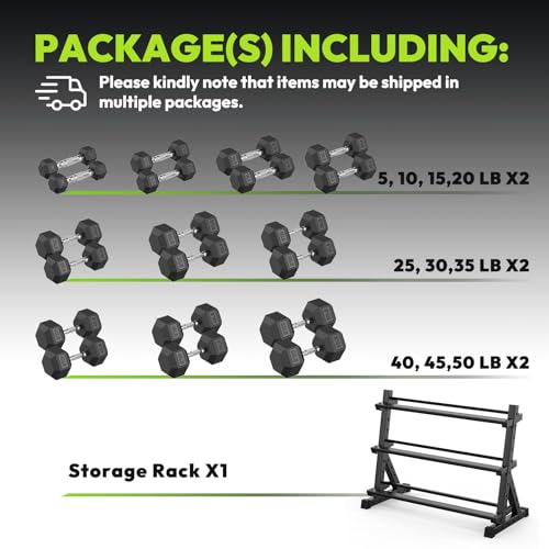 HANDBODE 3-Tier Dumbbell Rack Stand, 1000LB Capacity Storage Rack, Weight Rack for Dumbbells, Kettlebell, 390–700 lb Rubber Coated Fixed Weight Sets, Home Gym Strength Training Equipment - color: 550 lb Set (5-50 lb) *2 & Rack