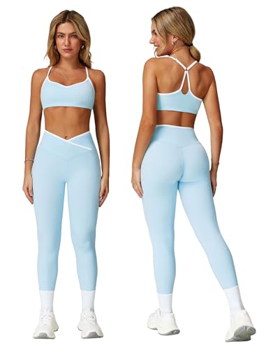 Women 2 Piece Workout Sets ColorBlock Cross Back Sports Bra High Waist Tummy Control Active Leggings Yoga Outfit - color: Blue, size: Small
