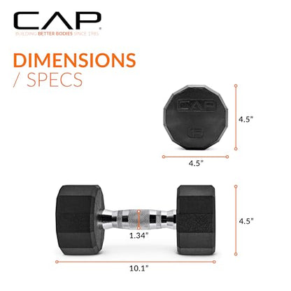 CAP Rubber Coated Dumbbell Weights, Free Weights for Home Gym Strength Training, Anti-Roll Hex Dumbbells with Black, Chrome & Comfort Grip Handles, Singles - size: 15 lb, style: 12-Sided - Chrome Handle
