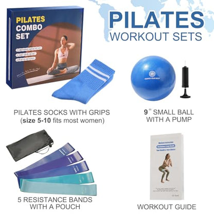 Pilates Ball Resistance Bands Grip Socks Barre Sets, Loop Exercise Bands 5 Levels, Small Yoga Ball 9 Inch, Non Slip Socks Workout Kit at Home - color: Blue