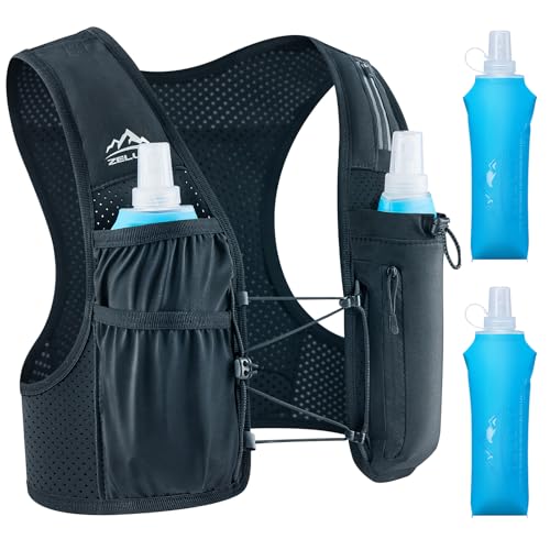 Zelvot Running Vest for Women Men, US Patent, Adjustable Chest Straps Running Hydration Vest with 500ml Soft Flask, Lightweight Reflective Hydration Backpack for Marathon - color: Black, size: Medium-Large (2 Soft Flasks)