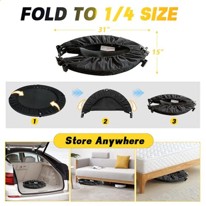 40'' Fitness Trampoline with 4 Levels Height Adjustable Foam Handle, Foldable Mini Rebounder for Adults Home Indoor Workout, 6-Leg Exercise Trampoline, Max Load 330lbs - color: Black with Handle