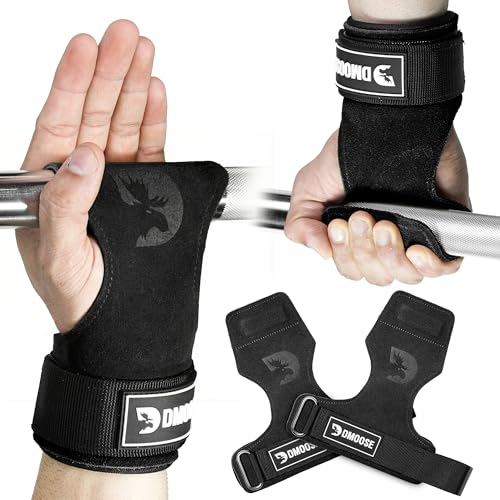 DMoose Fitness Weight Lifting Hooks (Pair) for Deadlifts, Pull Ups, Rows & Shrugs - Anti-Rip Nylon Strap Hand Grips with Thick Wrist Padding - Heavy Duty Wrist Straps for Weightlifting & Gym Workouts - color: Black Lifting Grip