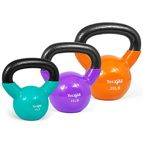 Yes4All Kettlebell, Vinyl Coated Kettlebell Cast Iron Sets with Stable Flat Bottom for Full Body Workout, Push up, Grip Strength Training & Weights Exercises - color: Multicolor, style: 10 - 20lb