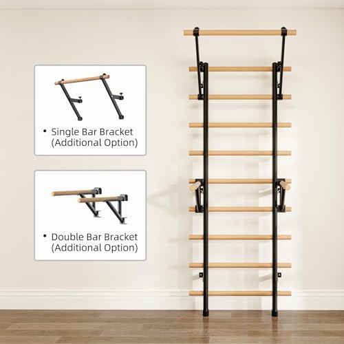 DHT Wood Stall Bar, Swedish Ladder Suspension Trainer with 9 Strategic Rods, for Home, Gym, School and Clinics, Black - color: WA2