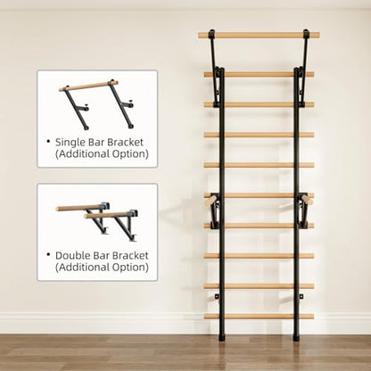DHT Wood Stall Bar, Swedish Ladder Suspension Trainer with 9 Strategic Rods, for Home, Gym, School and Clinics, Black - color: WA2