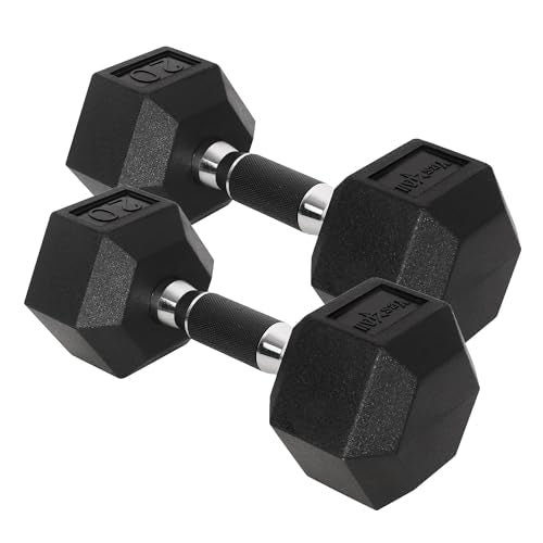 Yes4All Chrome/Rubber Grip Encased Hex Dumbbells – Hand Weights With Anti-Slip 10-30 LBS Pair - color: D. 20lbs - Pair, style: Rubber Grip