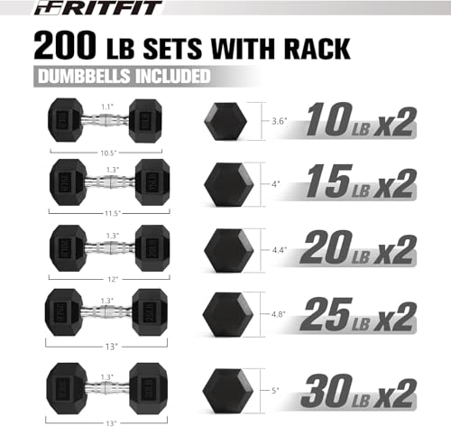 RitFit Rubber Coated Hex Dumbbell Set with Rack, 5-780LB for Home Gym Strength Training, Anti-Slip Knurled Handle, Hexagon Anti-Roll, Heavy-Duty Storage Rack - style: 200LBS Set (10-30LB)