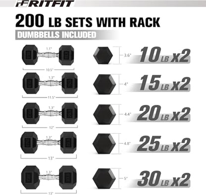 RitFit Rubber Coated Hex Dumbbell Set with Rack, 5-780LB for Home Gym Strength Training, Anti-Slip Knurled Handle, Hexagon Anti-Roll, Heavy-Duty Storage Rack - style: 200LBS Set (10-30LB)