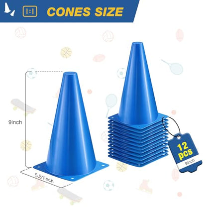 12pcs Cones 9 Inch Soccer Cones and Plastic Traffic Cones, Durable Cones for Sports Training, Ideal for Soccer, Basketball, Football, Skating, and Agility Drills Practice - color: blue