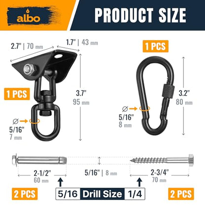 Albo 2650 LBS Ceiling Mount Swing Hanger Hook for Hammock Chair & Porch Swing, 360° Rotating Heavy Duty Bracket with Safety Carabiner, Punching Bag, Yoga Swing, TRX Strap, Garage Gym
