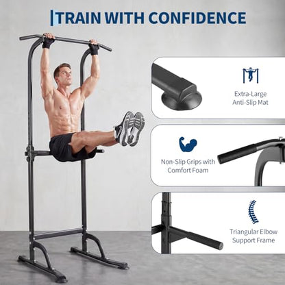 Power Tower Home Gym Strength Training Station Adjustable 10 Height Levels, Heavy-Duty Chin-Up Tower with Parallel Dip Handles, Bodyweight Workout Equipment for Pull-Ups, Dips, Knee Raises, Push-Ups, 330 Lb Capacity
