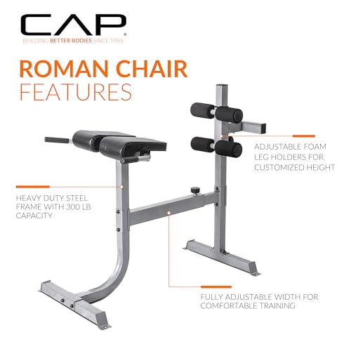 Cap Strength Roman Chair – Adjustable Back Extension Bench for Core & Glute Workouts, Heavy-Duty 300 LB Capacity - Black and Gray Options
