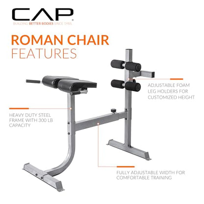 Cap Strength Roman Chair – Adjustable Back Extension Bench for Core & Glute Workouts, Heavy-Duty 300 LB Capacity - Black and Gray Options
