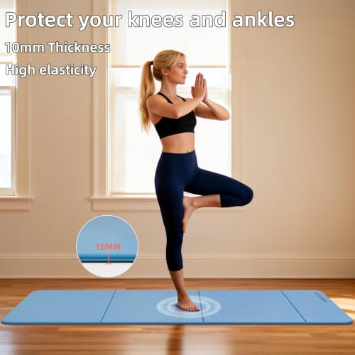 Foldable TPE Yoga Mat Thick 10mm,75" x40"Extra Large Exercise Mats - color: Blue