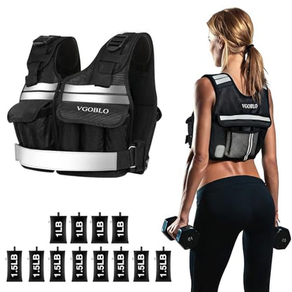 Adjustable Weighted Vest for Women Men, 2-18 lbs Strength Training Weight Vest with adjustable weights 12 Sandbags, Zipper Womens Weighted Vest Washable with Reflective for Walking Running Gym