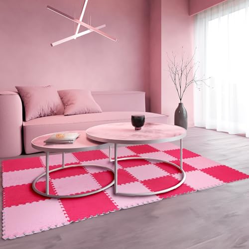 60 Pieces Plush Puzzle Foam Floor Mat Square Interlocking Carpet Tiles with Fluffy Play Mat Floor Tiles Soft Climbing Area Rugs for Living Room Floor Gym Area(Pink, Rose Red)