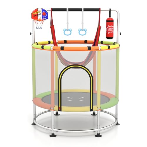GYMAX 55" Trampoline for Kids, 440LBS 6 in 1 Toddler Rebounder with Swing, Basketball Hoop, Punching Bag, Rings & Bar, No-Gap Jumping Mat Mini Indoor Outdoor Trampoline - color: Orange-Green-Yellow