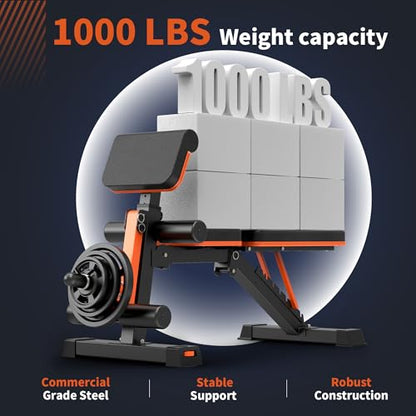 Adjustable Weight Bench - 1000LBS Capacity Heavy Duty Foldable Workout Bench for Full Body Exercise, Flat/Incline/Decline, Bench Press for Home Gym with Preacher Pad & Leg Extension