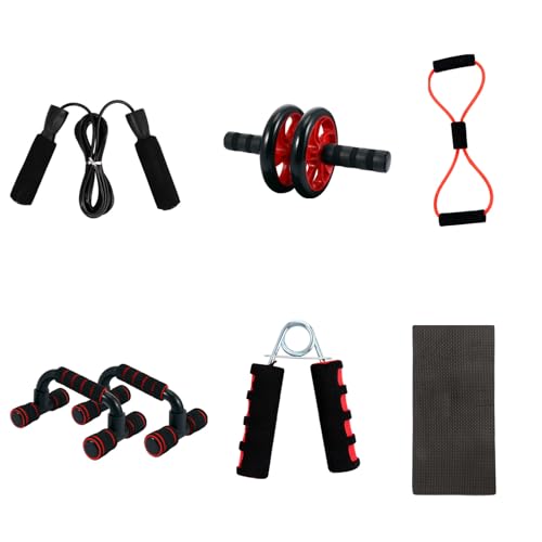 Abdominal Roller Wheel 7pcs Set Red Dual-wheel Exercise Roller with Knee Pads Unisex Core Strength Trainer for Home Ab Workout and Fitness Training