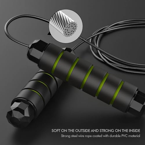 Jump Rope, Rapid Speed Jumping Rope Cable with Ball Bearings for Women, Men, and Kids, Adjustable Steel Jump Rope with Foam Handles for Home Gym Exercise Fitness Workout Equipment & Slim Body - color: Green & Black