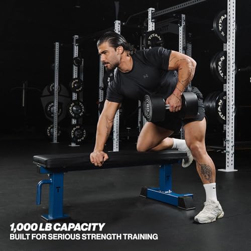 Titan Fitness Elite Series Single Post Flat Bench, Rated 1,000 LB, 2.5" Thick HeftyGrip Vinyl Pad, Dedicated Home Gym Competition Weightlifting & Strength Training Utility Bench - color: Navy